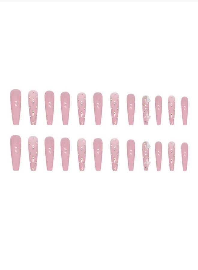 Foccna Coffin Press on Nails Long, Pink Fake Nails Acrylic Crystal False Nails,Artificial Nails for Women and Girls,24 pcs - Image 4